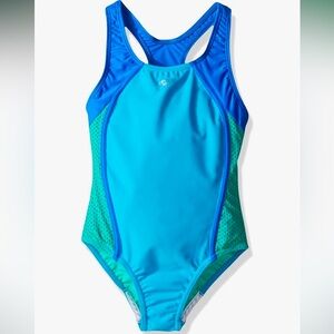 NEW Speedo Girl's Swimsuit One-Piece Mesh Splice Thick Strap, Darling Ditsy Cyan